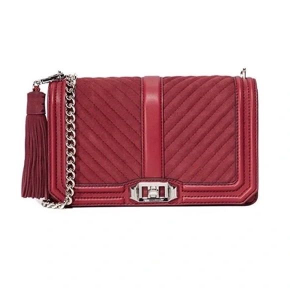 Rebecca Minkoff Chevron Quilted Love Crossbody Leather and Suede Burgundy/Silver - Picture 1 of 12